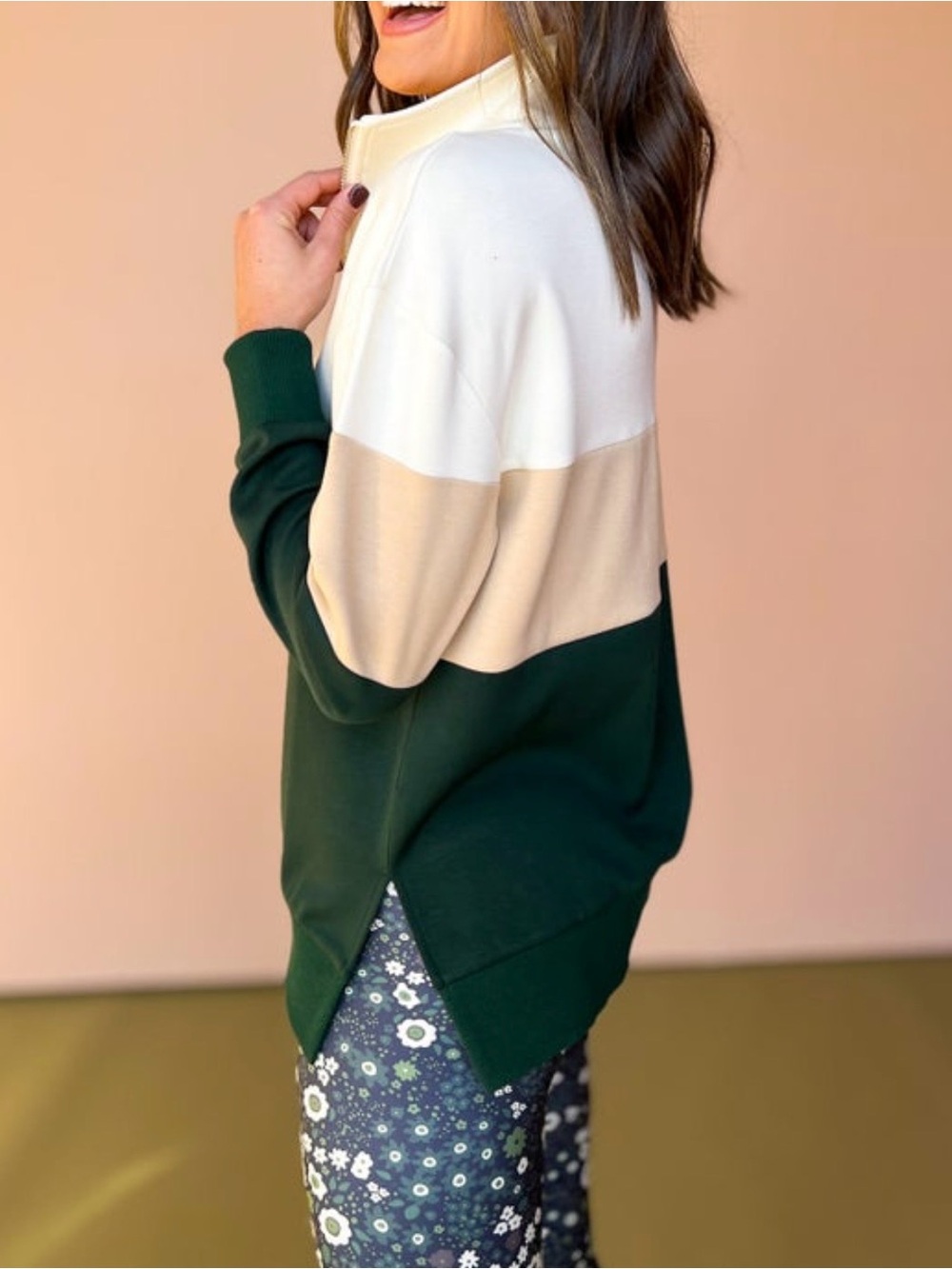 Women's Colorblock Half-Zip Pullover Sweatshirt - Cream, Tan & Dark Green - Picture 9 of 10